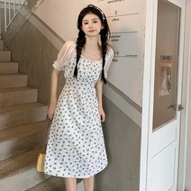 부드러운 스타일 꽃 드레스 여성의 여름 새로운 대형 통통 소녀 고급 스퀘어 칼라 허리 슬리밍 벨리 커버 드레스