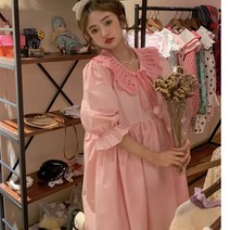 A956 빅칼라넥 상큼발랄 A라인 퍼프소매 빅사이즈~100kg 소녀풍 러블리 미니 반팔 원피스