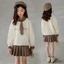 몰리앤씨 여아용 주니어 초등학생 키즈 봄 가을 스쿨룩 맨투맨 주름치마 넥타이 상하복 세트