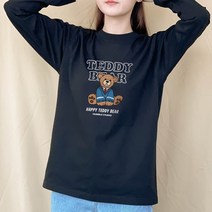 험블스튜디오 곰돌이 캐릭터 프린팅 라운드 여성면티 기본 루즈핏 긴팔티셔츠