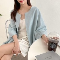 셀러허브(잡화) 여자 여름 린넨 아우터 노카라 박시핏 7부소매 자켓