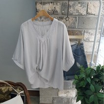 상상그이상 여성용 뮤디 도트 블라우스 브이넥 5부소매 셔링 포인트 루즈핏 시원한 땡땡이 블라우스 하객룩 오피스룩