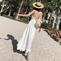 여름 휴가룩 백스트랩 레이스 펀칭 비치 롱 원피스