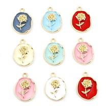 목걸이 펜던트 Fashion Valentines Day Charms Multicolor Oval Rose Flower Painted Gold Color Metal Pendants