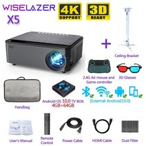 wiselazer x5 프로젝터 지원 4k android 9.0 1080p hd led 휴대용 프로젝터 키스톤 보정 홈 교실 회의, x5 64g 브래킷 추가, 영국 플러그