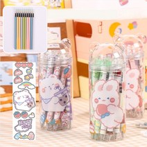 12개입 캐릭터 똑딱이 볼펜세트 원통 DIY스티커 리필심 증정 필기구모음, 블루 18개랜덤펜