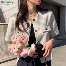 런메시Runmecy 봄 여름 루즈핏 반팔 골드버튼 포켓 라운드넥 린넨 숏자켓