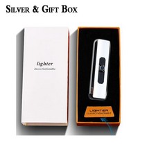 휴대용 USB 충전식 방풍 전기 라이터 흡연 액세서리 도구 여러 가지 빛깔의 초박형 남성 선물 신제품, Silver with box