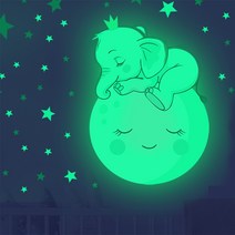 야광스티커 아이방 꾸미기 벽지 천장 인테리어 포인트 시트지 환타스틱스 인어공주 요정 무지개 유니콘 우주여행 행성, 달과 아기코끼리