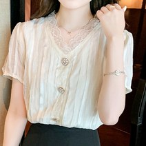 PV163 정장 블라우스 여성의류 노카라 베이지 기본 여성 러블리한 레이스 여름 정장룩 오피스룩 코디