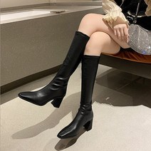 여성 7cm 통굽 스판 가죽롱부츠