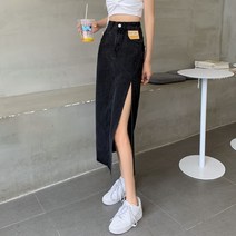 청치마 롱청치마 청치마코디 여성용 하이 웨이스트 사이드 슬릿 데님 스커트 봄과 가을 a