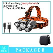LED 헤드 램프 라이트 KDULIT b 충전식 내장 배터리 5 강력한 슈퍼 이트 마운트 손전등 야외, Type A 2, Built in battery