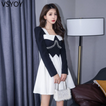 vsyoy 작은 향기로운 스타일 드레스 여성의 가을 프랑스 다이아몬드가 박힌 광장 목 허리 A 라인 드레스