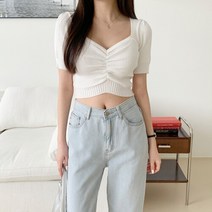 네쥬 여성 여름 하트넥 크롭 셔링 골지 반팔 니트