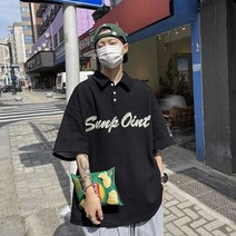 SJW 남성 와플 반팔 카라티 루즈핏 레터링 자수 티셔츠 풀오버 상의 봄 여름 빅사이즈