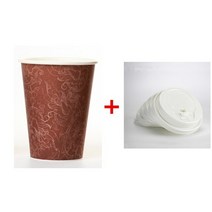 물결종이컵 크라프트종이컵 크래프트용기 50pcs 일회용 커피 컵 꽃 패턴 두꺼운 종이, 컵과 흰색 뚜껑, 500ml 16온스 50개