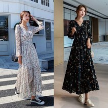 여성 예쁜 꽃무늬 패턴 브이넥 디자인 긴팔 롱 원피스 치마 롱원피스 니트 플레어 플라워