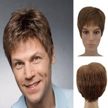 넓은이마 가발수선 엠자이마 가발대여 남자붙임머리 반삭가발 가발사이트 이용사통가발 혼주가발 군인가발 원형탈모가발 HAIRJOY ​​남성 합성 머리 가발 짧은 곱슬 레이어드 23, 8인치, 연한 갈색