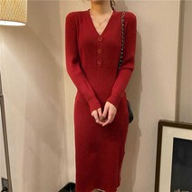 원군무역 여성 롱 슬림핏 가을 겨울 허리 조임 레깅스 니트 원피스 Q
