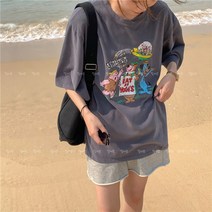 여성 카툰 프린팅 라운드 오버 반팔 티셔츠