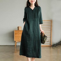 [핀조에] 럭키캣 린넨 브이넥 반팔 롱 원피스 - cp644