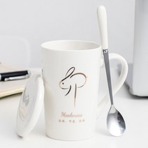 Z3JC 12 띠 패턴 뚜껑 스푼 머그컵, 띠토끼(화이트골드)+뚜껑+스푼, 302-400ml