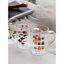 귀여운 동물 프린팅 내열유리 머그컵2P 티머그 라떼컵 답례품 레스토랑, 물고기