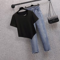 빅사이즈 여성 여름 통통 동생 디자인 감각 언밸런스 반팔 티 청바지 세트