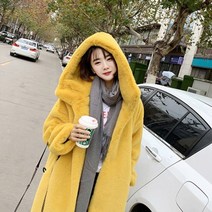 SAMARA 여성 모조 밍크 롱코트 루즈핏 후리스 후드 코트 양털 롱