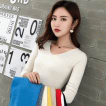 끌리시아 여성 비스코스 브이넥 라운드넥 칼라 쫀쫀 스판 니트티 T09-1