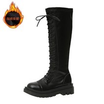 여성용 겨울 가죽 롱부츠 캐주얼 정장 부츠 긴 부츠 여성 나이트 부츠 가을 겨울 레이스 업 두꺼운 밑창 여성 신발 키가 얇은 부츠 흰색 작지만 무릎 높이 부츠