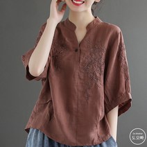도오빠 여성 블라우스 브이넥 셔츠 5부 반팔 티셔츠 오버핏 무지 반팔티 꽃무늬 자수 면티 여름 얇은 여자블라우스