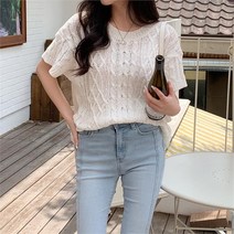 여자 여름 뒤트임 루즈핏 니트 반팔티셔츠