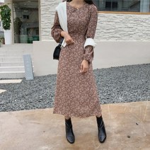 [바보사랑] 겟잇미 플라워 쉬폰 라운드넥 셔링 핀턱 롱원피스[겟잇미]