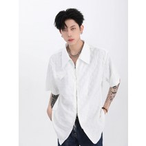 남자 오버핏 반팔 긴팔 루즈핏 린넨 셔츠 틈새 디자인 격자 무늬 더블 지퍼 반팔 셔츠 남성용 느슨한 캐주얼 하이 스트리트 힙합 트렌드