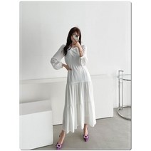 여자 라운드넥 쉬폰 프릴 롱 원피스