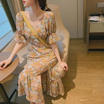 르엠마 걸리업 옐로우 잔꽃 플라워 브이넥 봄 쉬폰 원피스 QC25