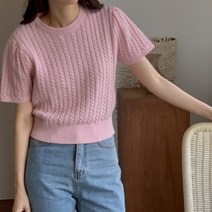 [워니쇼룸]파스텔셔링니트티 라운드넥 슬림핏 꽈배기 반팔티 니트코디 러블리한 니트반팔티 여성스러운