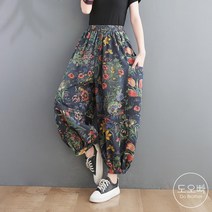 도오빠 여성 플라워 데님 팬츠 청바지 오버핏 루즈핏 와이드 밴딩 배기 하렘 데님 진 워싱 꽃무늬 편안한 사계절 봄 가을 40대 50대 60대 중년 여자바지