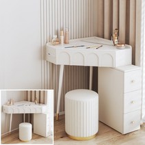 코너화장대 소형 모서리 틈새 주니어 화장대 LED 거울 서랍장 의자 세트, 60x60x78cm, E세트