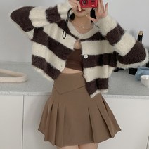 넷투넷코리아 여성 가디건 루즈핏 라운드 크롭 스트라이프 모헤어