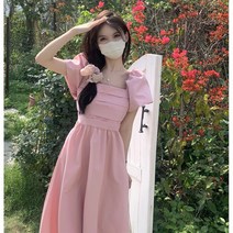 핑크 스퀘어넥 반팔 여성 여름 퍼프 A라인 원피스