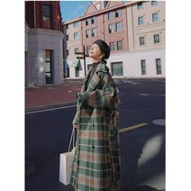 클래식 그린 체크 모직 코트 여성 겨울 오버핏 미디 롱 무릎넘어 체크코트
