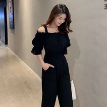 오프숄더 점프슈트 와이드 밴딩 팬츠 프릴 어깨끈 _20229911EA