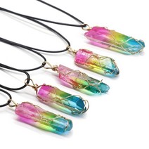 다우징 팬듈럼 차크라 펜듈럼 수맥추 점성학 여성을 위한 다채로운 석영 크리스탈 목걸이 레인보우 스톤 와이어 래핑 육각 진자 펜던트