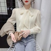 GDSHOP리본 레이스 블라우스 얇은 쉬폰 봄가을 여성 셔츠 YHFACAI
