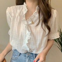 레이스 블라우스 오피스룩 상의 여성 브이넥 러플 프릴 루즈핏 블라우스 캐주얼룩 셔츠