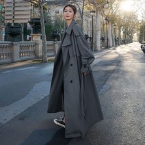 스타일 루즈핏 대형 X-롱 여성 트렌치 코트 더블 브레스트 벨트 레이디 망토 윈드 브레이커 봄 가을 아우터 그레이