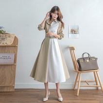 [나크21] 컬러배색 셔츠 카라 플레어 롱 원피스 DM23-O-03